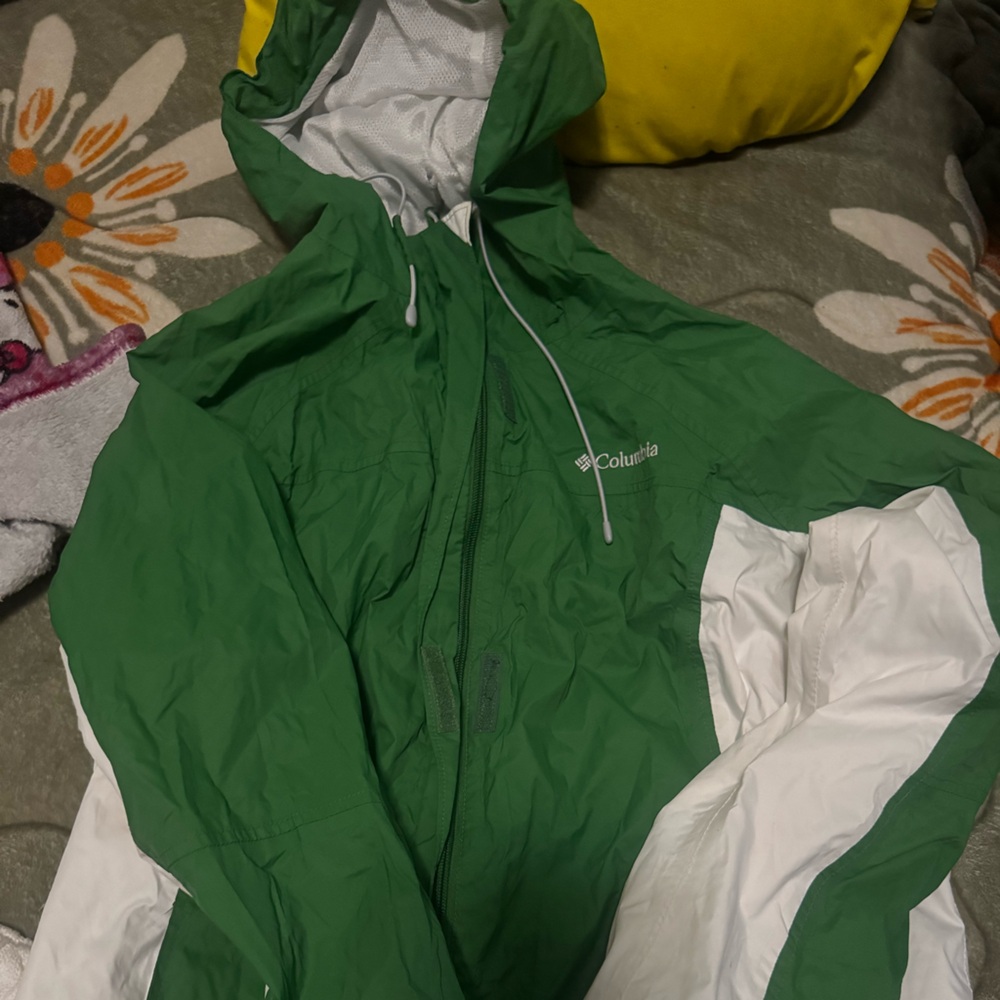 Columbia Green and White Packable Hooded Jacket